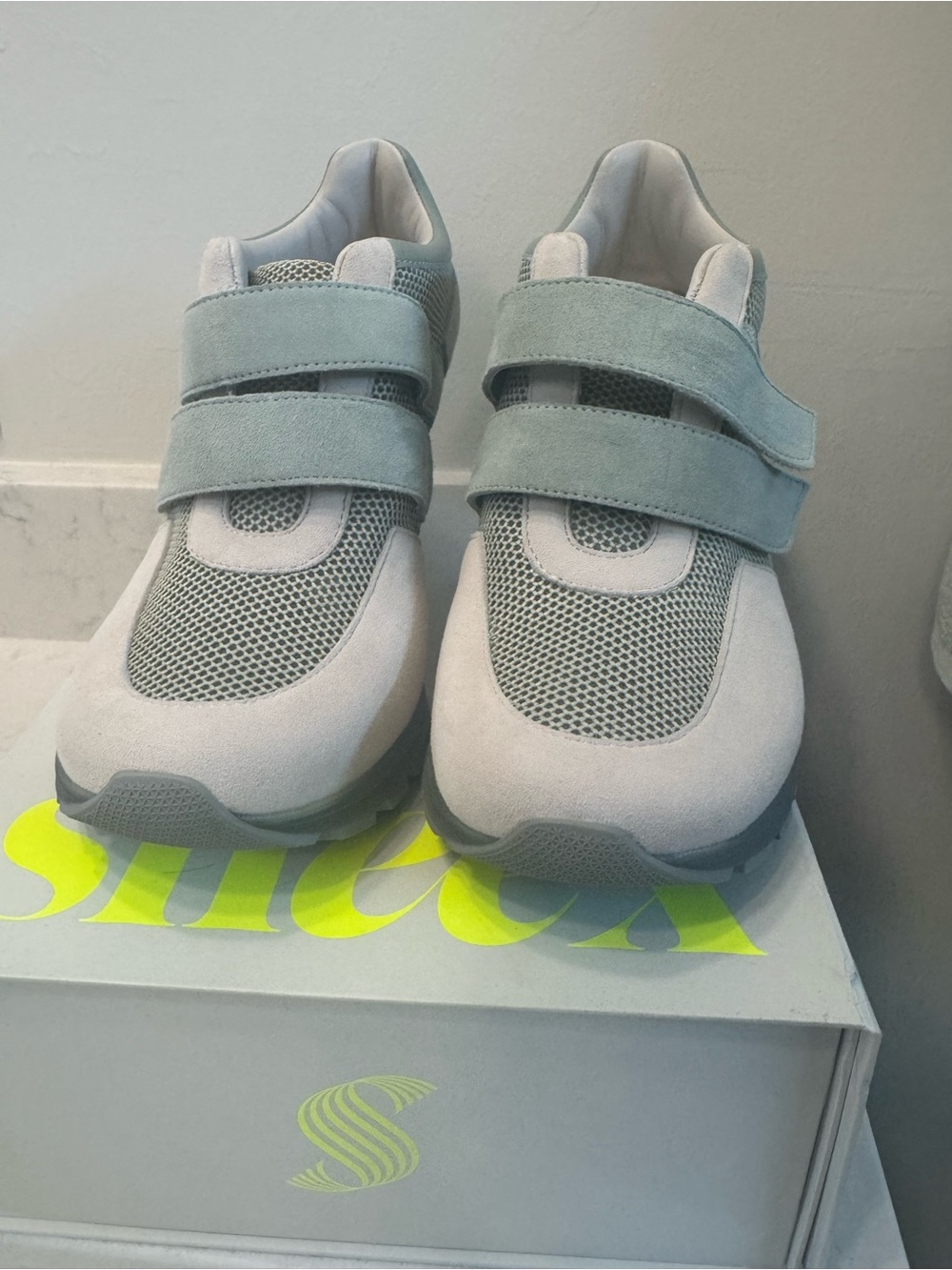 Women’s Light Gray/light blue  Velcro Mesh & Suede Sneex